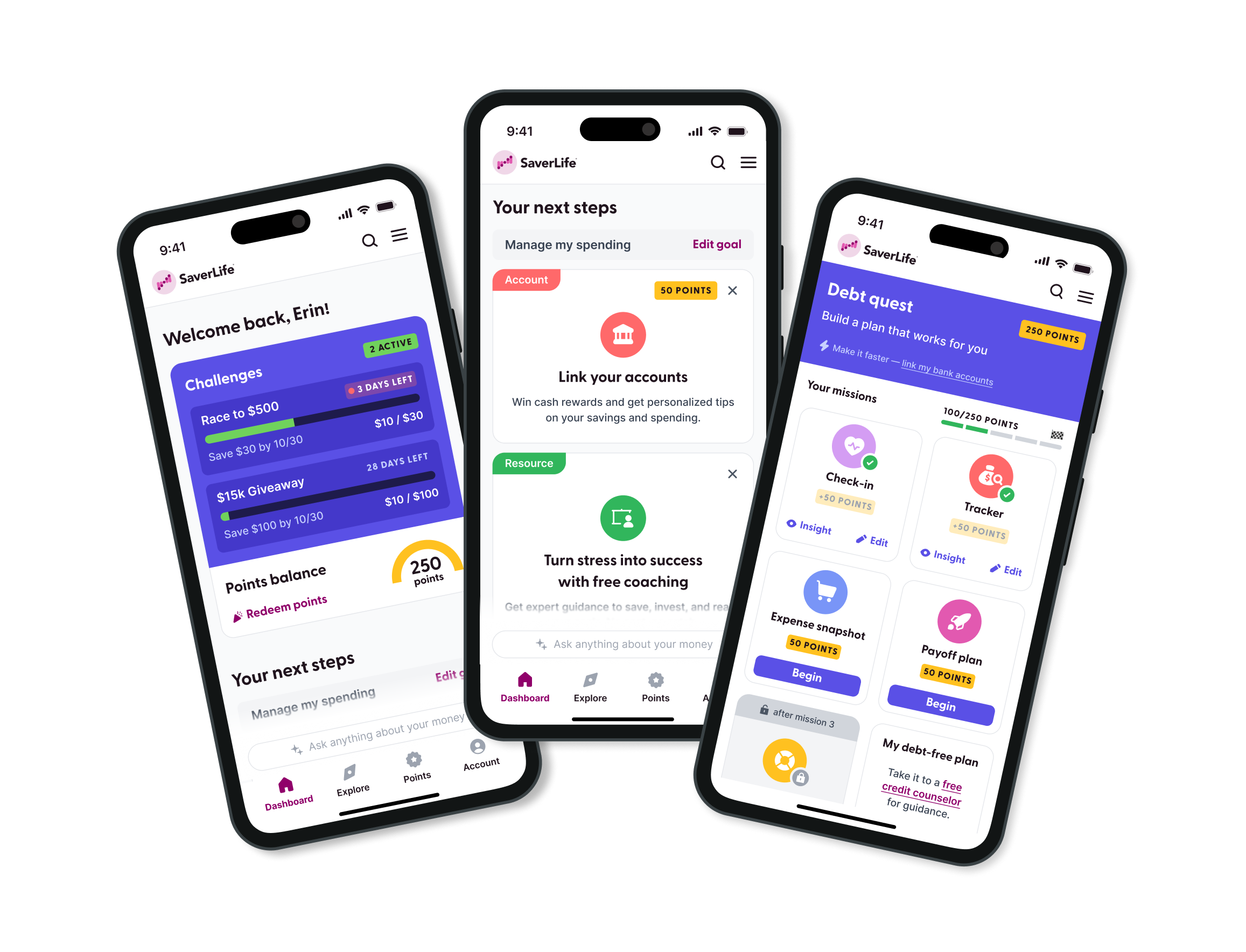 SaverLife member app showing savings challenges, personalized next steps, and debt planning