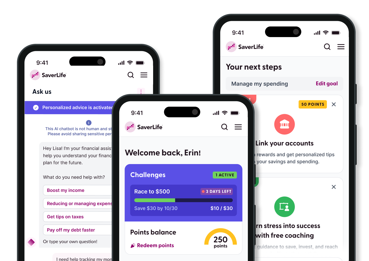 SaverLife member app showing AI financial guidance, savings challenges, and personalized next steps