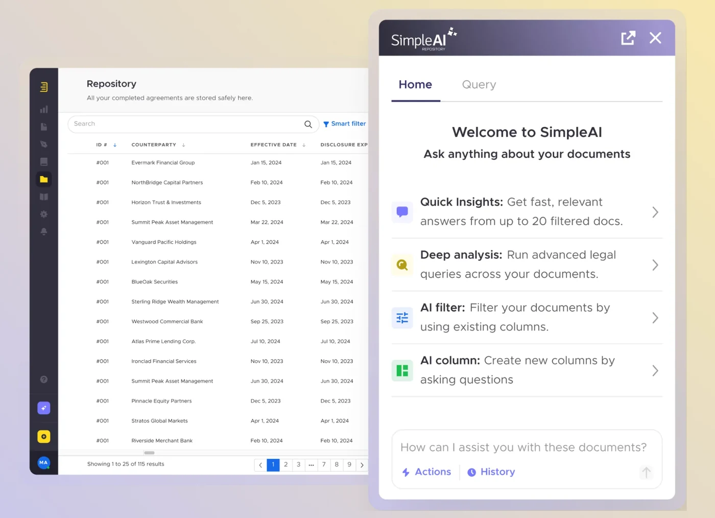 SimpleDocs repository of completed agreements with the SimpleAI assistant open beside it