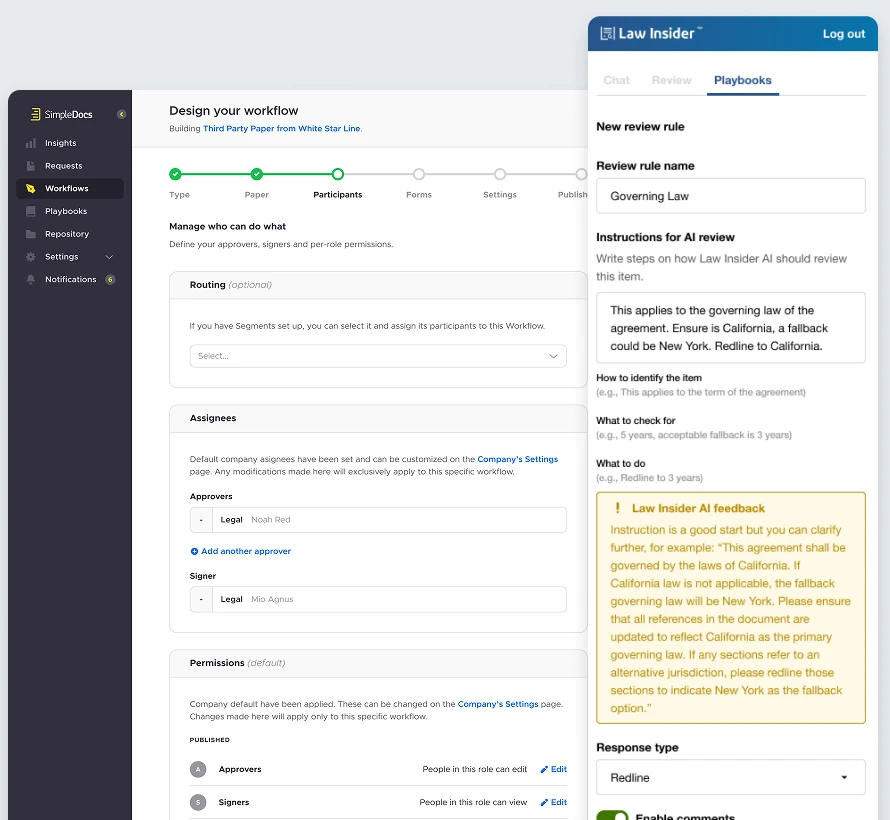 SimpleDocs workflow builder alongside the Law Insider add-in for creating review rules