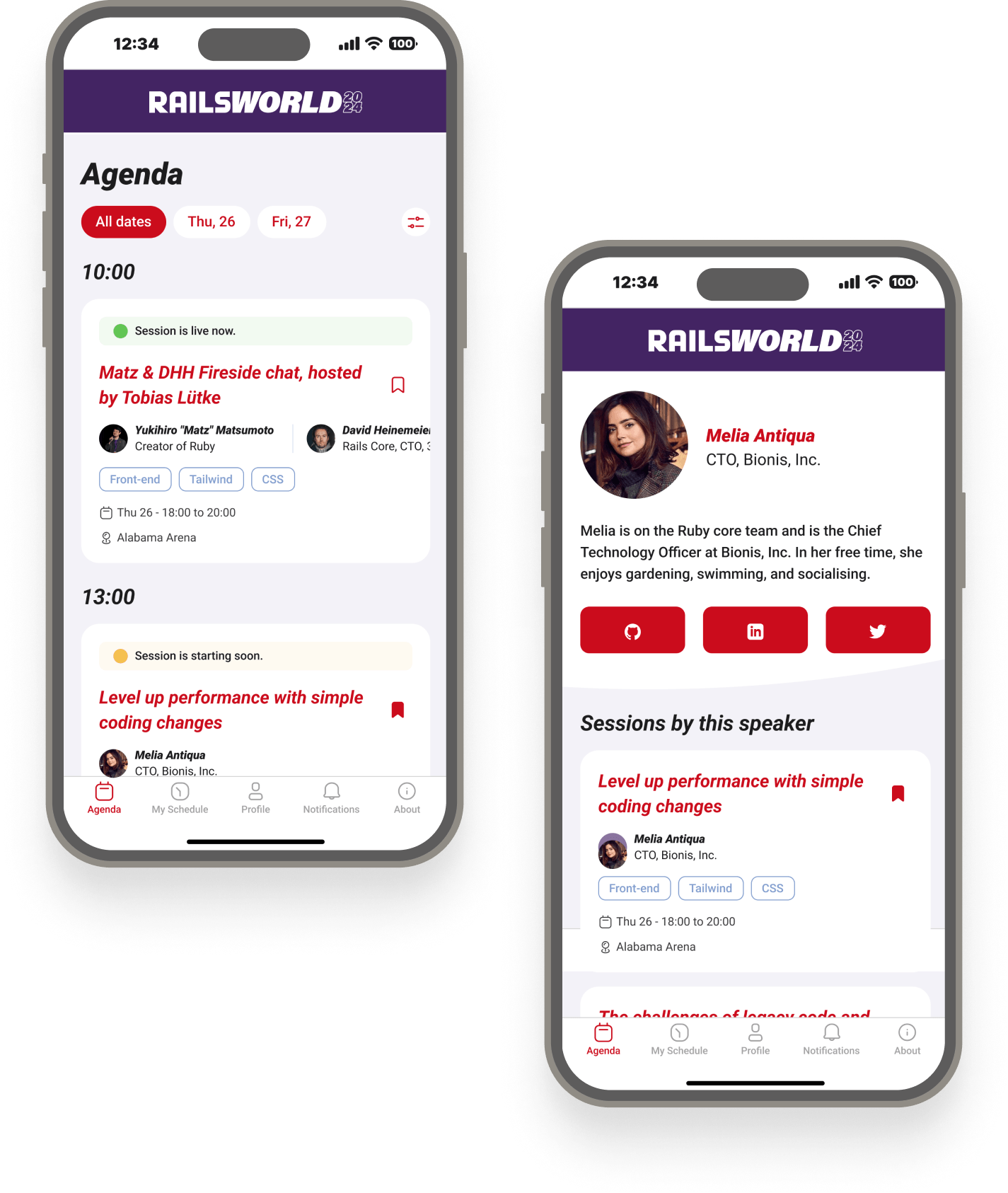 Rails World conference app screenshots
